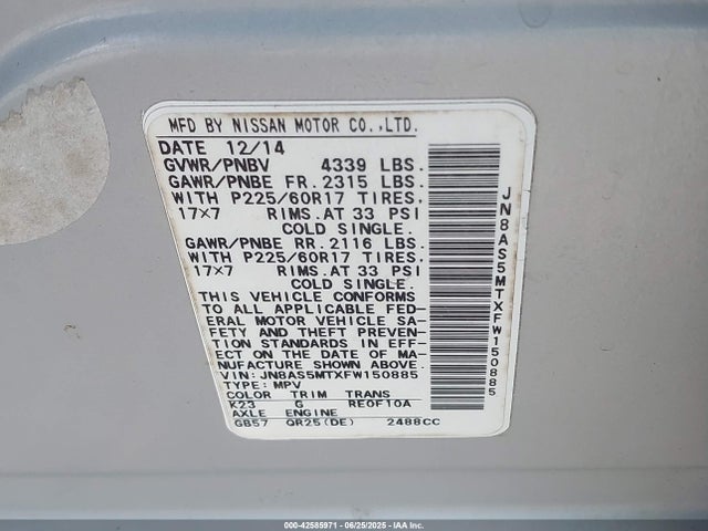 Nissan 2015 2015 JN8AS5MTXFW150885 Image 9