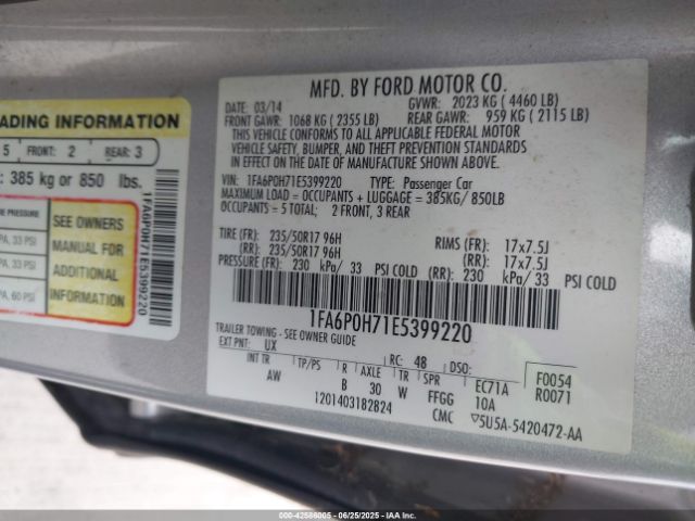 2014 FORD FUSION 1FA6P0H71E5399220 Photo 8
