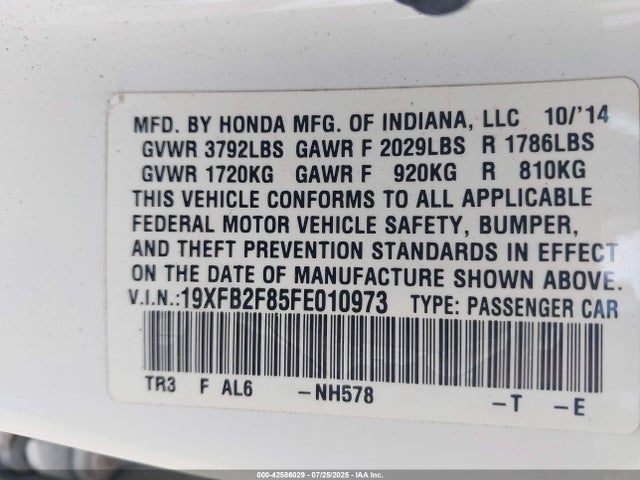 Honda r18z1 2015 19XFB2F85FE010973 Image 9