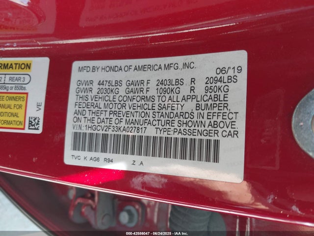 1HGCV2F33KA027817 Honda k20c4