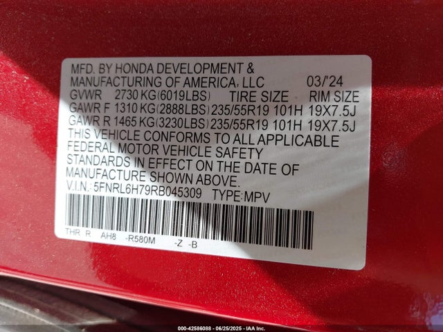 Honda j35y7 2024 5FNRL6H79RB045309 Image 9