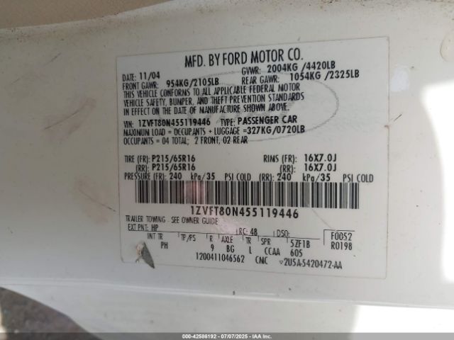 2005 FORD MUSTANG 1ZVFT80N455119446 Photo 8
