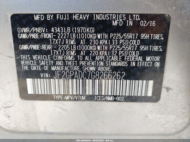 Subaru naturally aspirated 2016 JF2GPADC7G8266262 Image 9