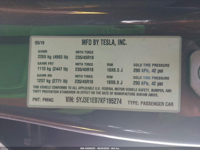 2019 TESLA MODEL 3 5YJ3E1EB7KF195274 Photo 8