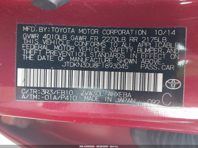Toyota 2zr-fxe+3jm 2015 JTDKN3DU8F1893045 Image 9