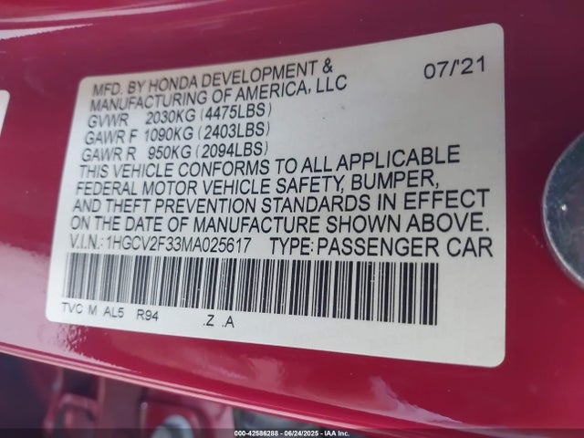 Honda k20c4 2021 1HGCV2F33MA025617 Image 9