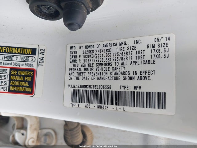 Honda k24z7 2014 5J6RM3H70EL036558 Image 9