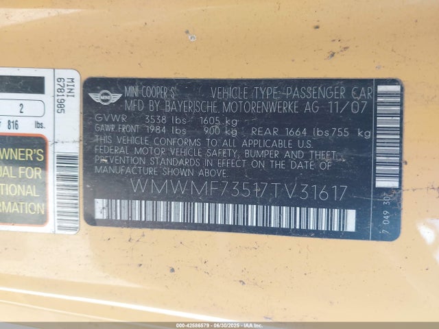 2007 MINI COOPER S WMWMF73517TV31617 Photo 8