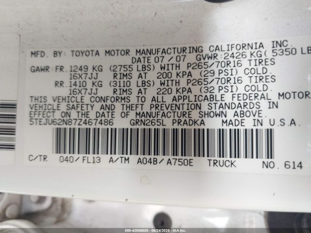 2007 TOYOTA TACOMA 5TEJU62N87Z467486 Photo 8