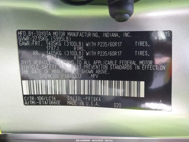 5TDYK3DC1FS675333 Toyota 2gr-fks