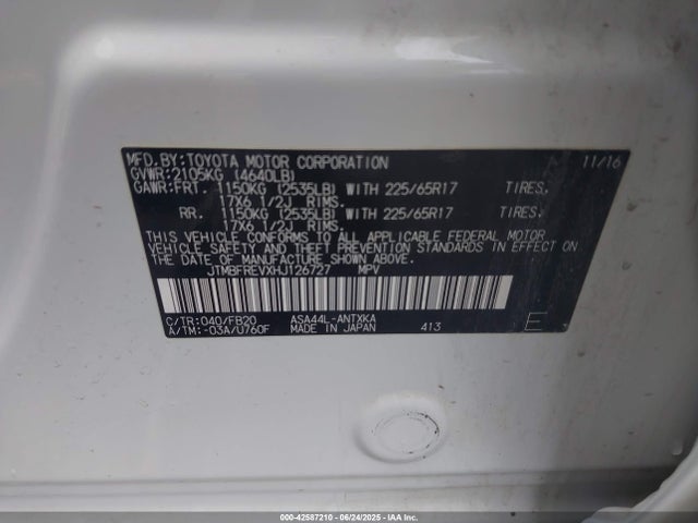 Toyota 2ar-fe 2017 JTMBFREVXHJ126727 Image 9