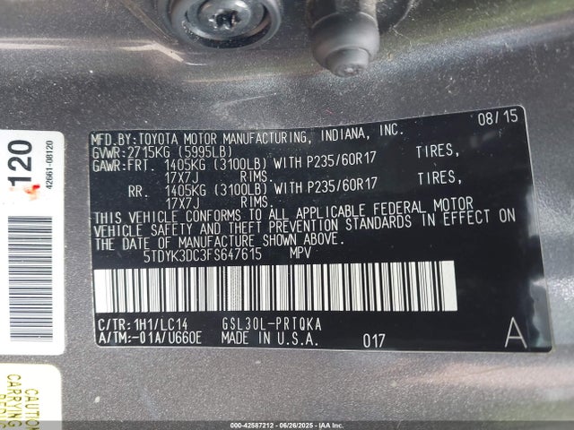 5TDYK3DC3FS647615 Toyota 2gr-fks