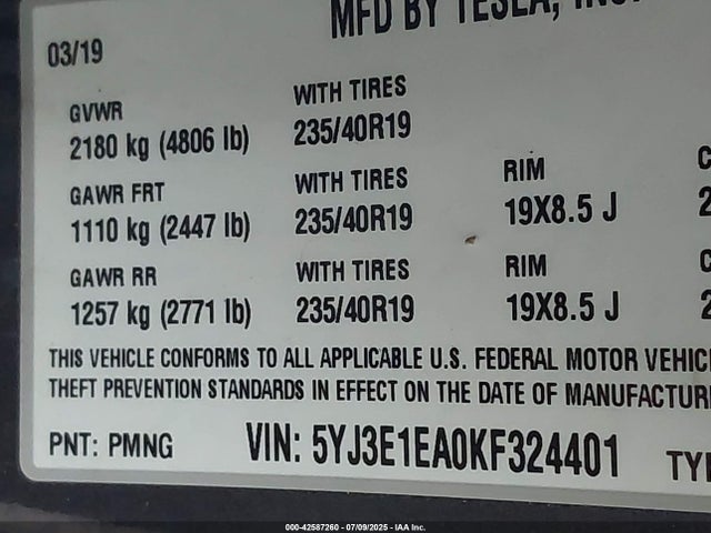 2019 TESLA MODEL 3 5YJ3E1EA0KF324401 Photo 8