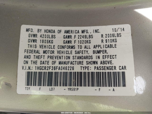 1HGCR2F36FA046226 Honda k24w1