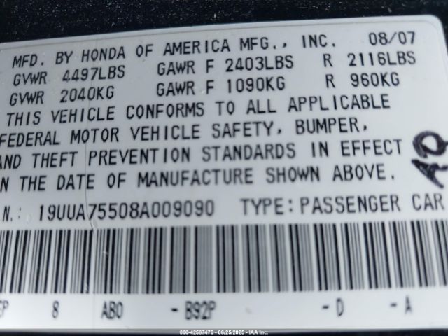 2008 ACURA TL 19UUA75508A009090 Photo 8