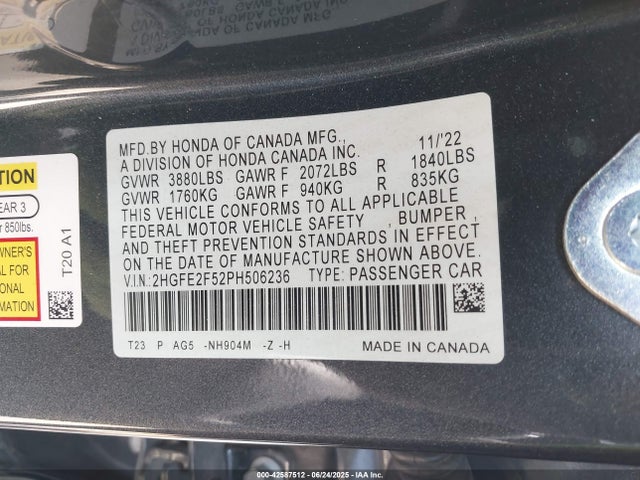Honda k20c2 2023 2HGFE2F52PH506236 Image 9