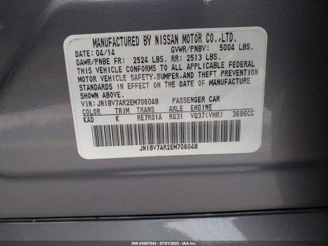 Продажа на аукционе авто 2014 Infiniti Q50 Premium, vin: JN1BV7AR2EM706048, номер лота: 42587542