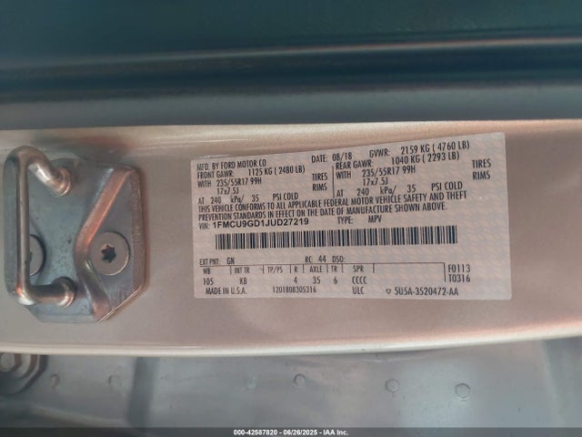 1FMCU9GD1JUD27219 Ford 1.5l gtdi sigma w/premium fuel