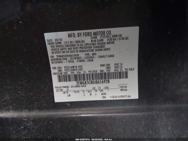 2FMGK5C80JBA16928 Ford FLEX SEL