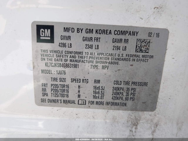 KL7CJKSB4GB631981 Chevrolet luv - mfi, vvt, alum, gme e85 max