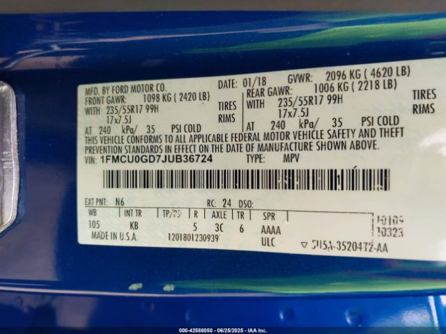 1FMCU0GD7JUB36724 Ford 1.5l gtdi sigma w/premium fuel