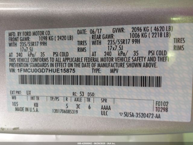 1FMCU0GD7HUE15875 Ford gtdi sigma w/premium fuel