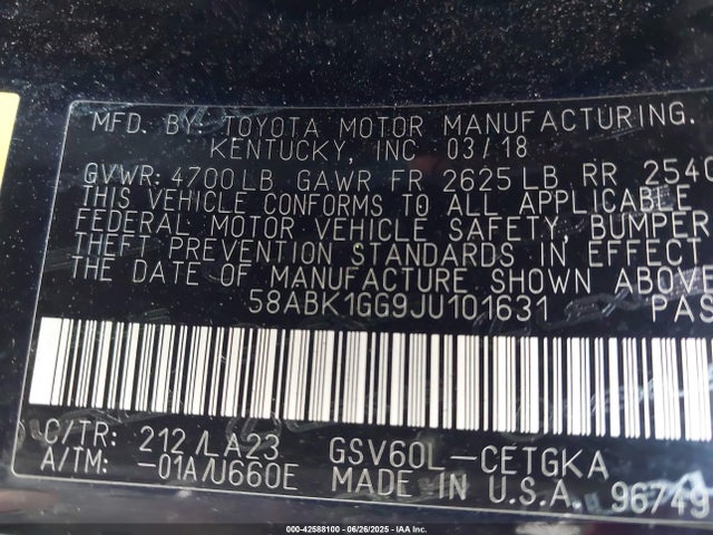 58ABK1GG9JU101631 Lexus 2gr-fe
