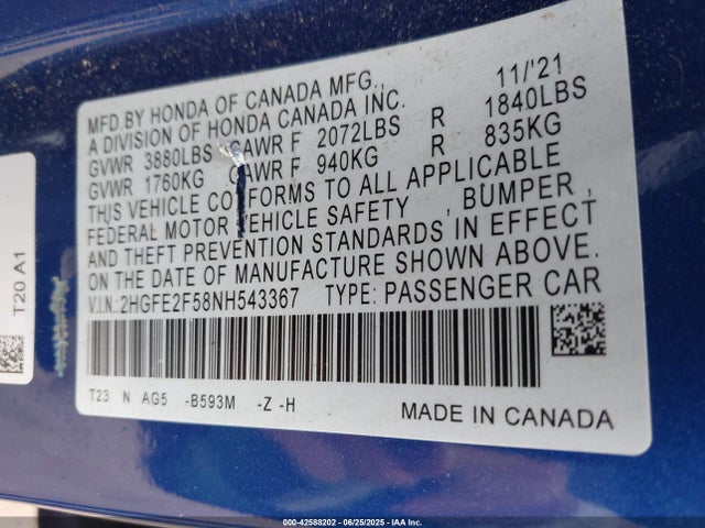 2HGFE2F58NH543367 Honda k20c2