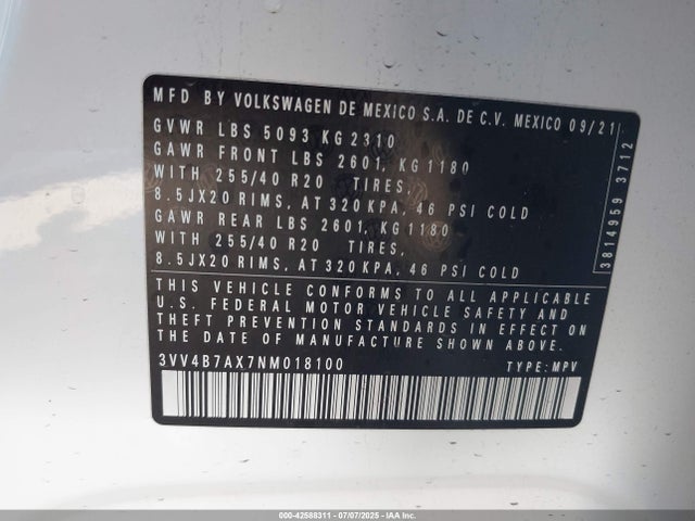 3VV4B7AX7NM018100 Volkswagen 2022