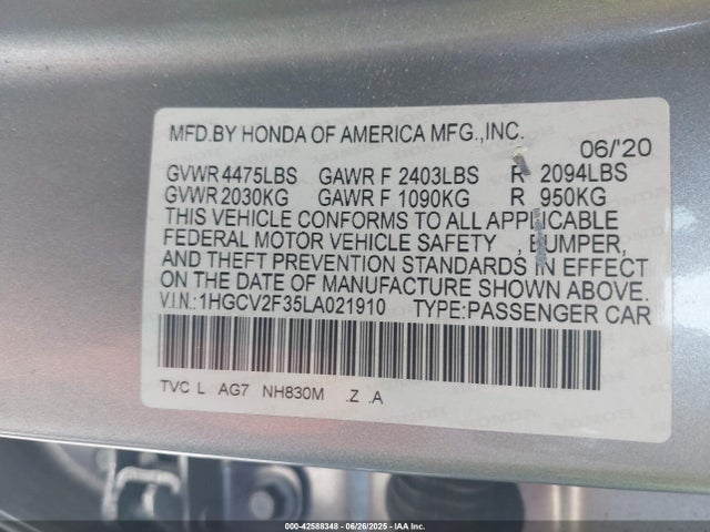 1HGCV2F35LA021910 Honda k20c4