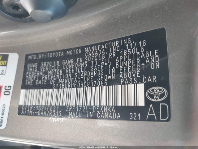 Toyota 2zr-fe 2017 2T1BURHE0HC807086 Image 9