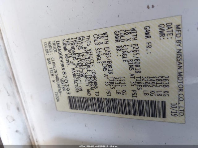 1N6AD0EV9KN870393 Nissan 2019