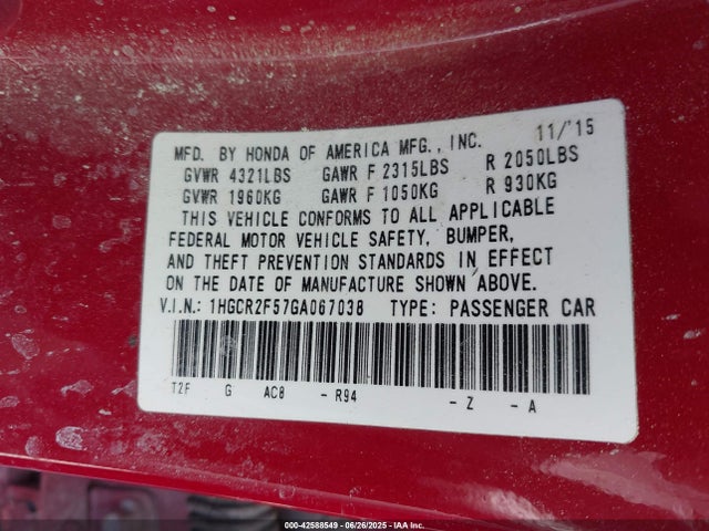 1HGCR2F57GA067038 Honda k24w1