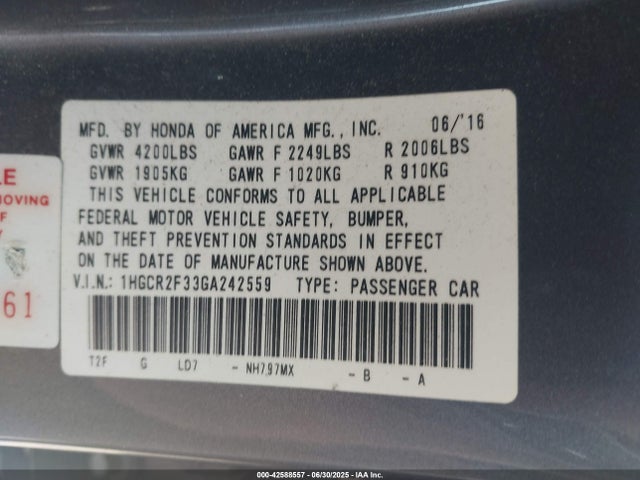 Honda k24w1 2016 1HGCR2F33GA242559 Image 9