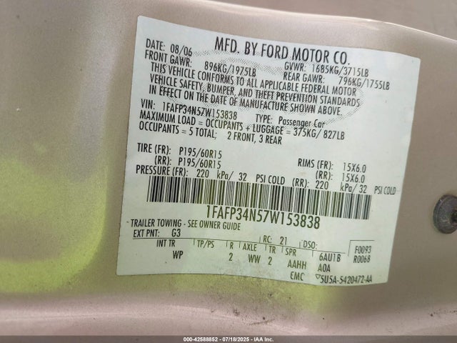 2007 Ford Focus S/se/ses მანქანა იყიდება აუქციონზე, vin: 1FAFP34N57W153838, აუქციონის ნომერი: 42588852