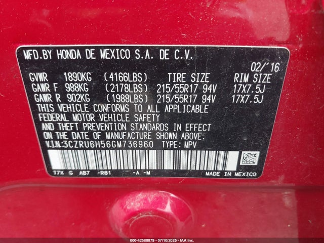 3CZRU6H56GM736960 Honda r18z9