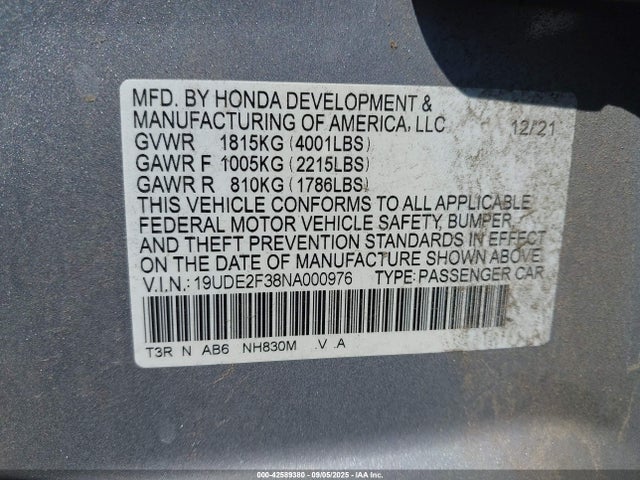 Продажа на аукционе авто 2022 Acura Ilx Standard, vin: 19UDE2F38NA000976, номер лота: 42589380