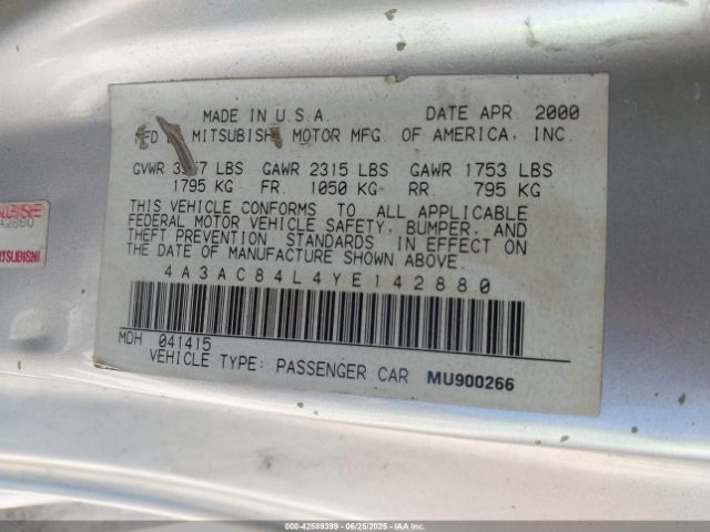2000 MITSUBISHI ECLIPSE 4A3AC84L4YE142880 Photo 8