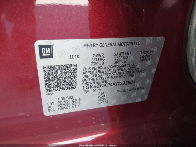 GMC l86 - spark ignited direct injection, variable valve timing, afm, e85max, alum 2019 1GKS2CKJ4KR233604 Image 9