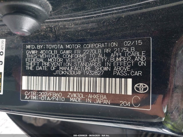 JTDKN3DU4F1932827 Toyota 2zr-fxe+3jm