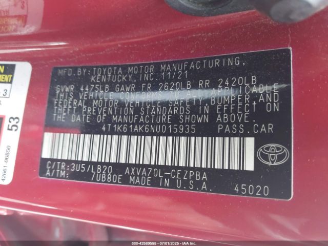 2022 TOYOTA CAMRY 4T1K61AK6NU015935 Photo 8