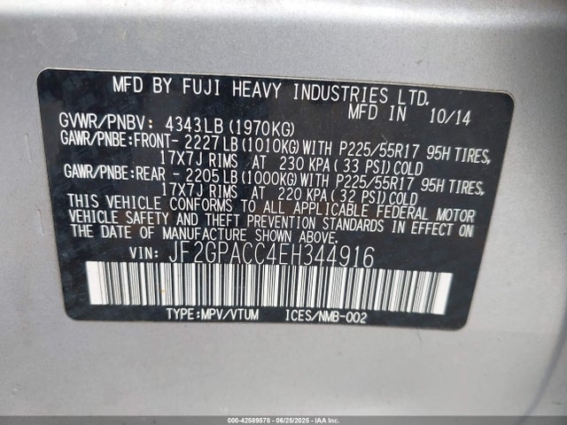 Aukcja sprzedaży 2014 Subaru Xv Crosstrek 2.0i Premium, vin: JF2GPACC4EH344916, numer aukcji: 42589578