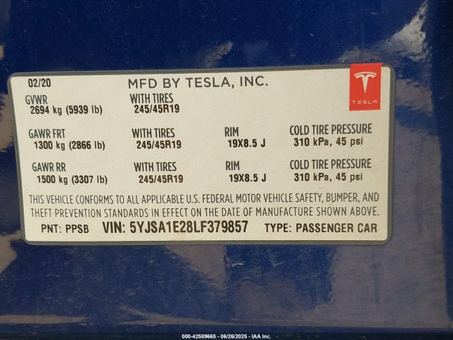 Tesla MODEL S 2020 5YJSA1E28LF379857 Image 9