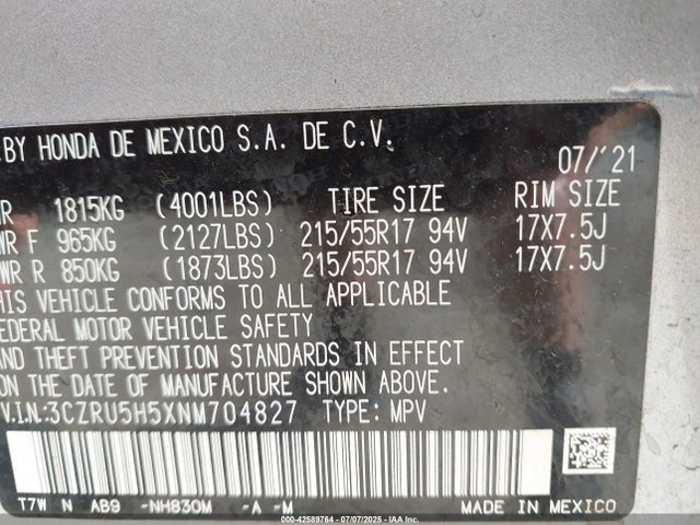 3CZRU5H5XNM704827 Honda r18z9
