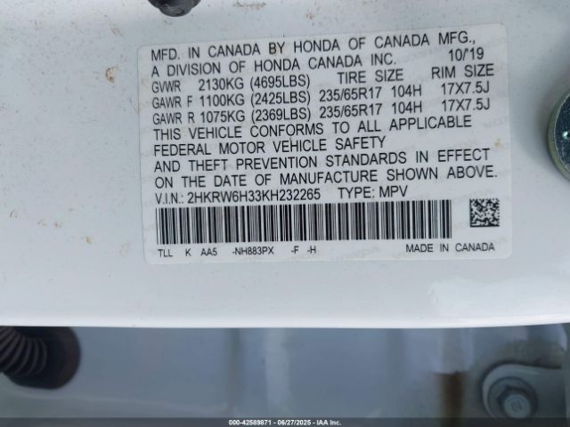 2019 HONDA CR-V 2HKRW6H33KH232265 Photo 8