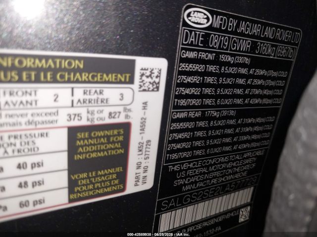 2020 LAND ROVER RANGE ROVER SALGS2SE2LA577729 Photo 8
