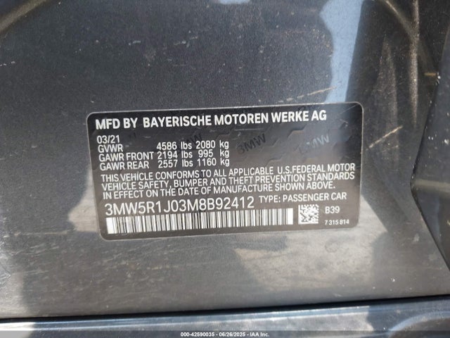 Продажа на аукционе авто 2021 Bmw 330i, vin: 3MW5R1J03M8B92412, номер лота: 42590035