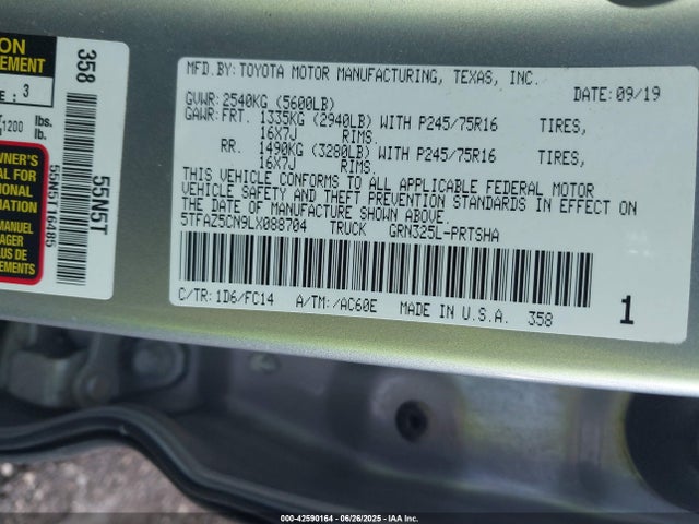 5TFAZ5CN9LX088704 Toyota 2gr-fks