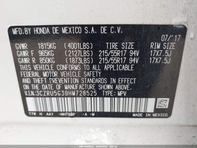 3CZRU5G39HM728525 Honda r18z9