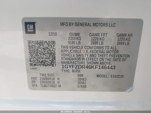 42590358 :رقم المزاد ، 1GYFZDR46KF146443 vin ، 2019 Cadillac Xt4 Premium Luxury مزاد بيع